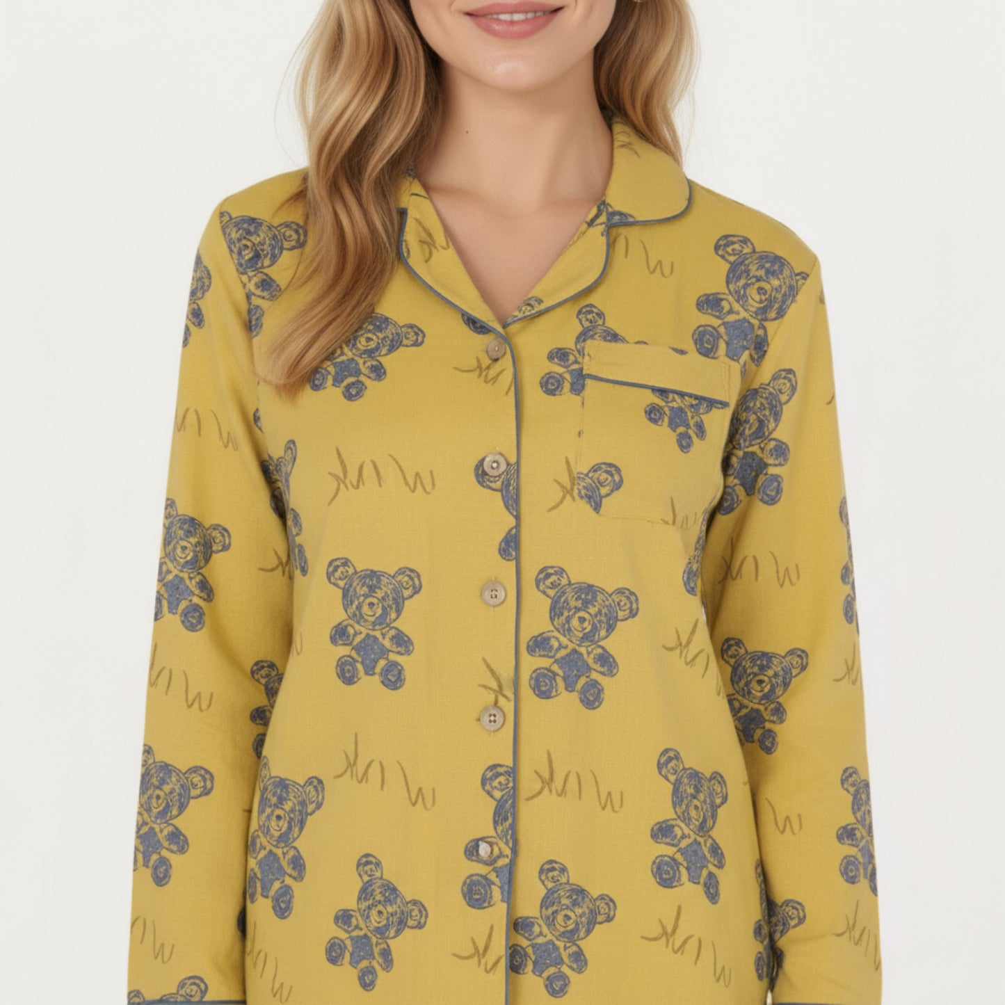 2-Piece Set Teddy Bear Print Button-Up Long Sleeve Pajama Top and Relaxed Fit Pants