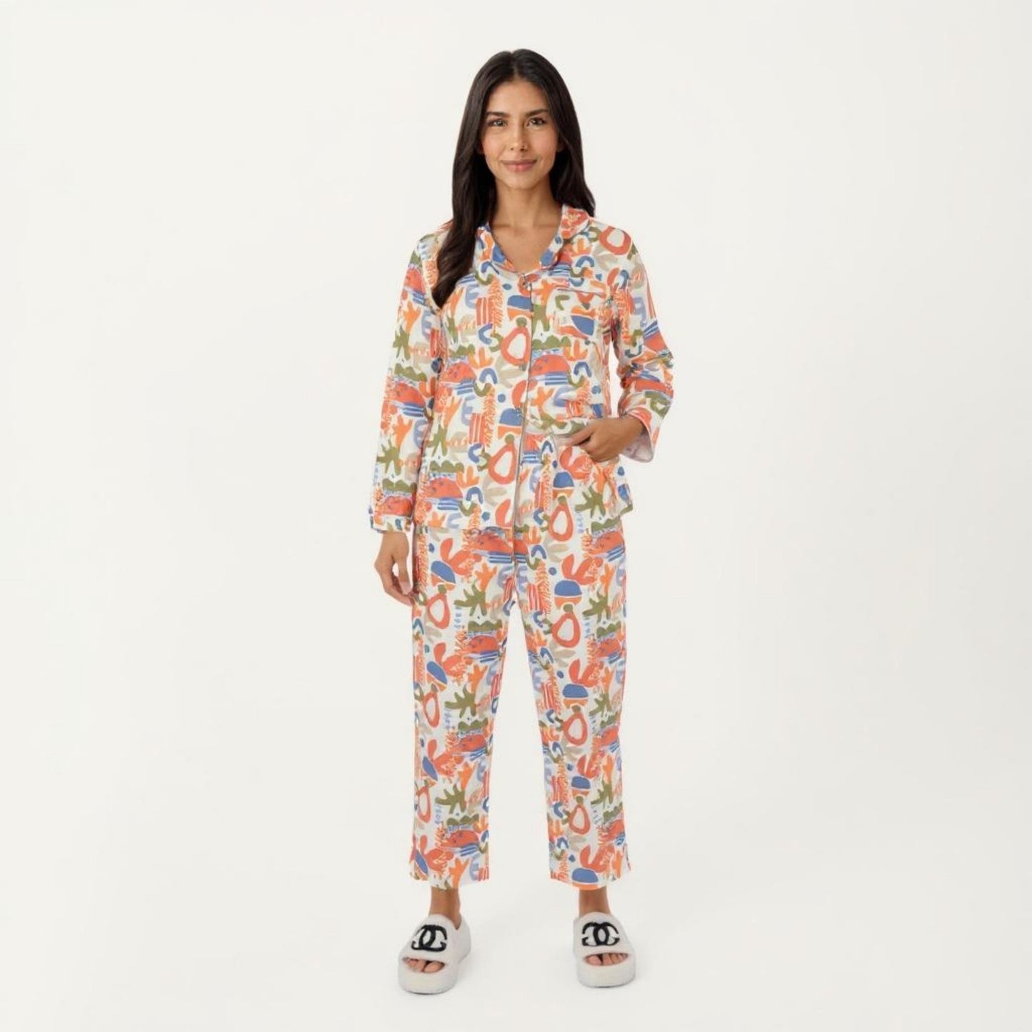 2-Piece Set Abstract Print Button-Up V-Neck Pajama Top and Matching Pants