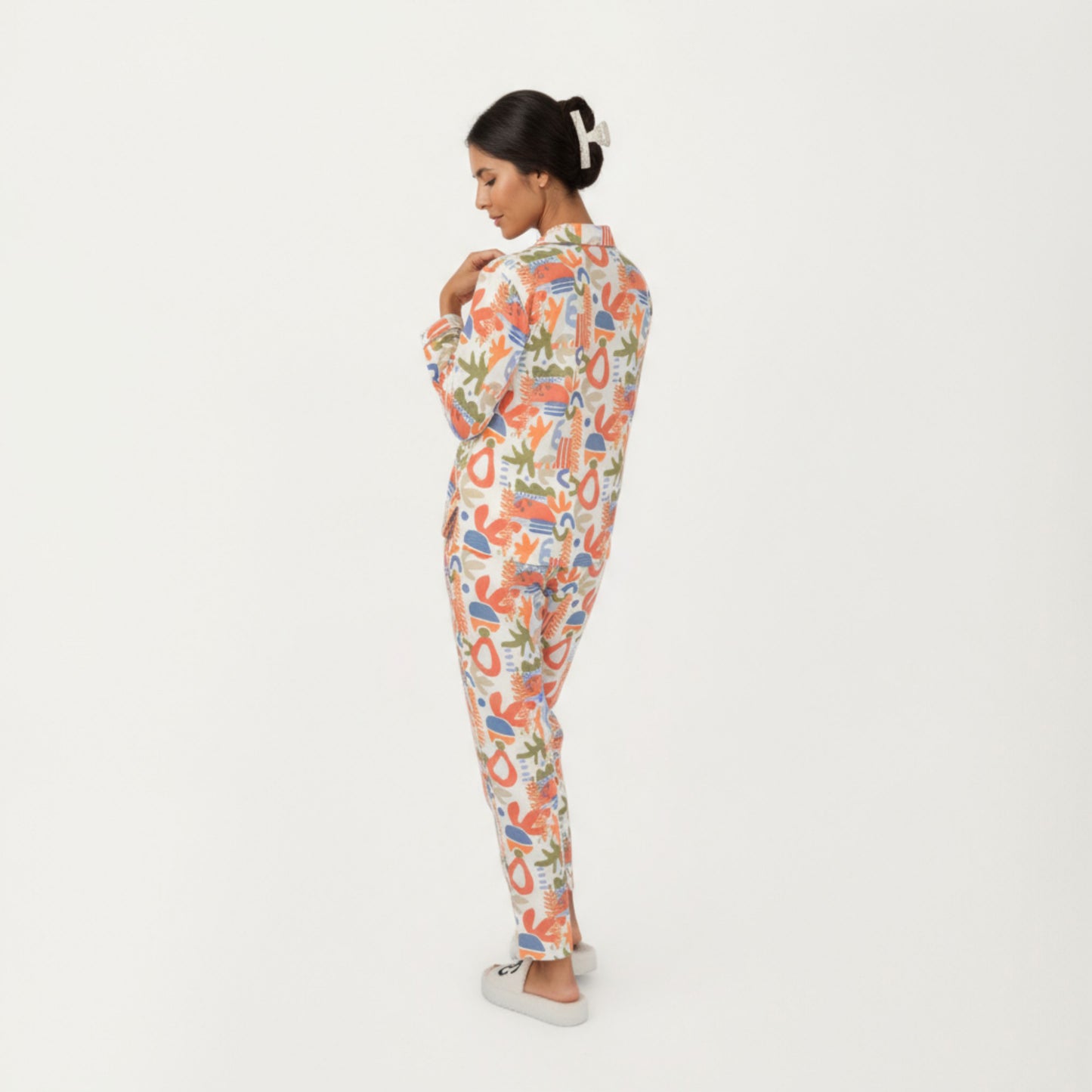 2-Piece Set Abstract Print Button-Up V-Neck Pajama Top and Matching Pants