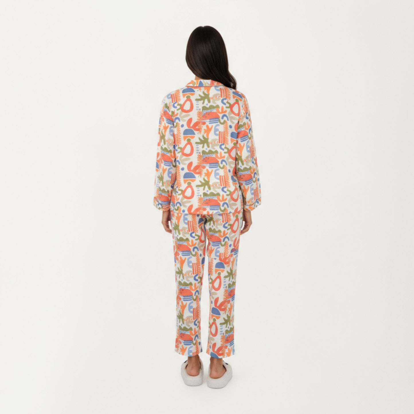 2-Piece Set Abstract Print Button-Up V-Neck Pajama Top and Matching Pants