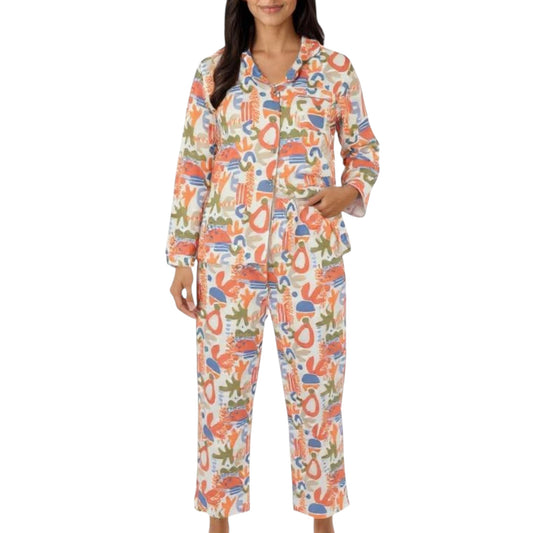2-Piece Set Abstract Print Button-Up V-Neck Pajama Top and Matching Pants