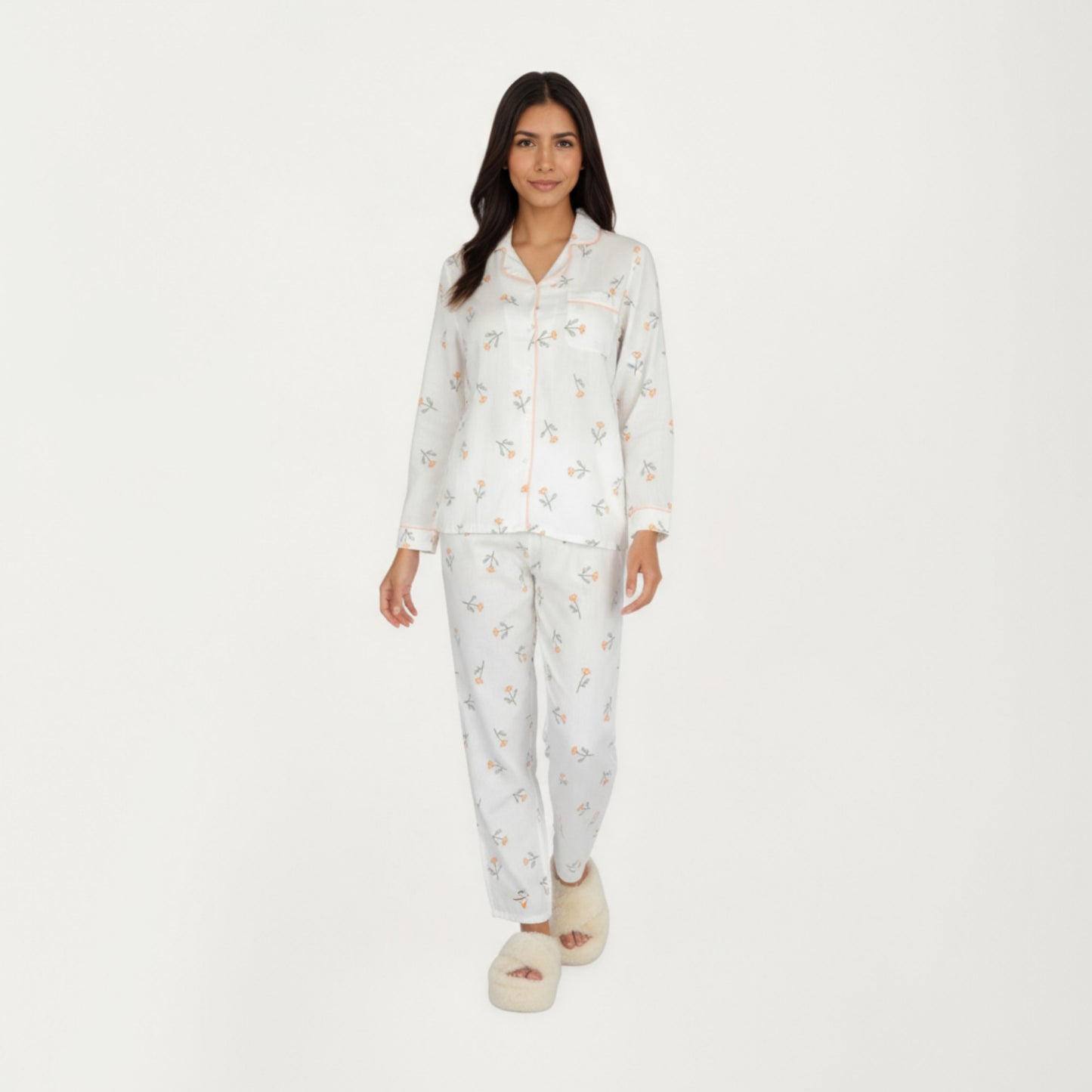 2-Piece Set Long Sleeve Sleep Shirt with Floral Pattern and Coordinating Lounge Pants