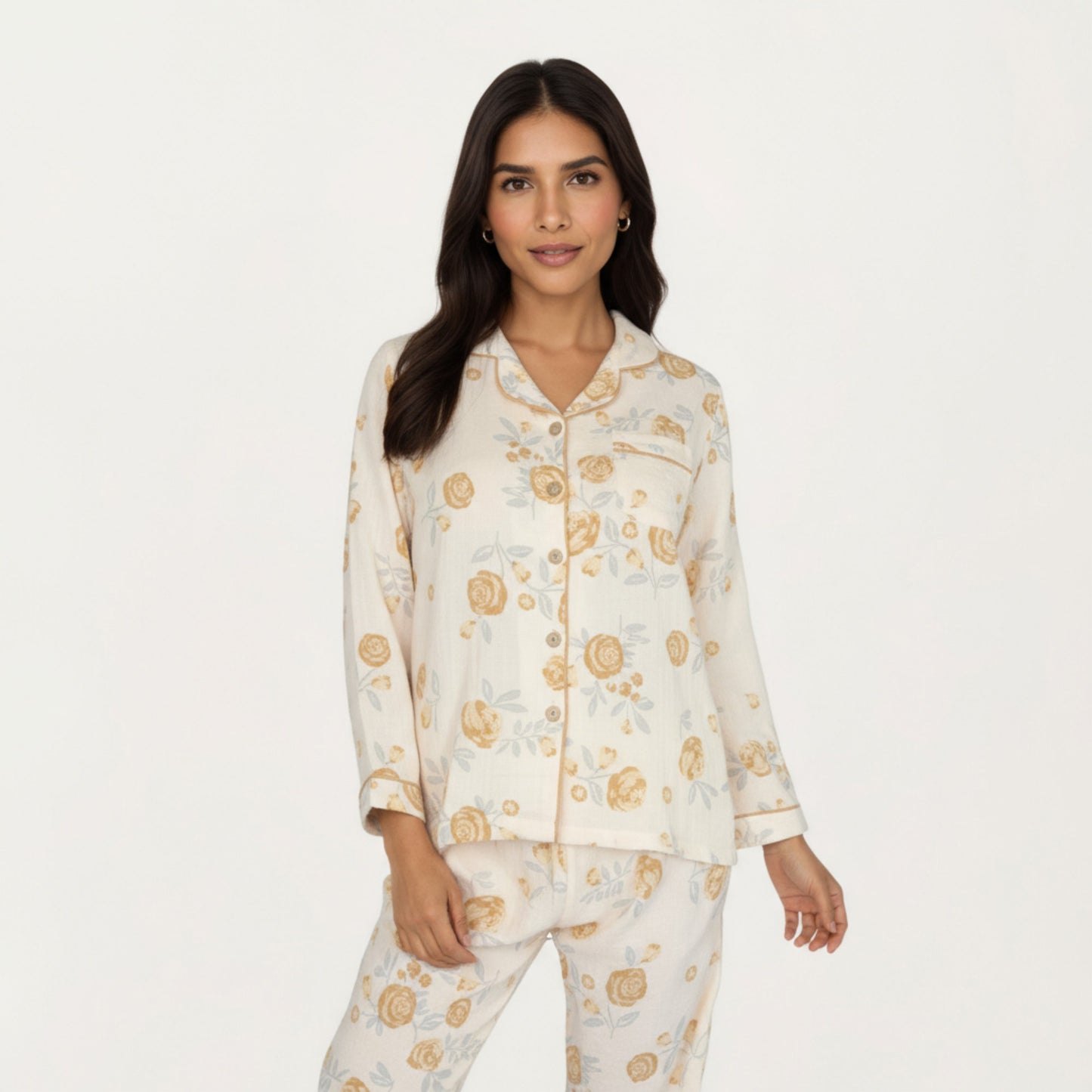 2-Piece Set Button-Up Floral Print Long Sleeve Sleep Shirt with Matching Relaxed Fit Pants