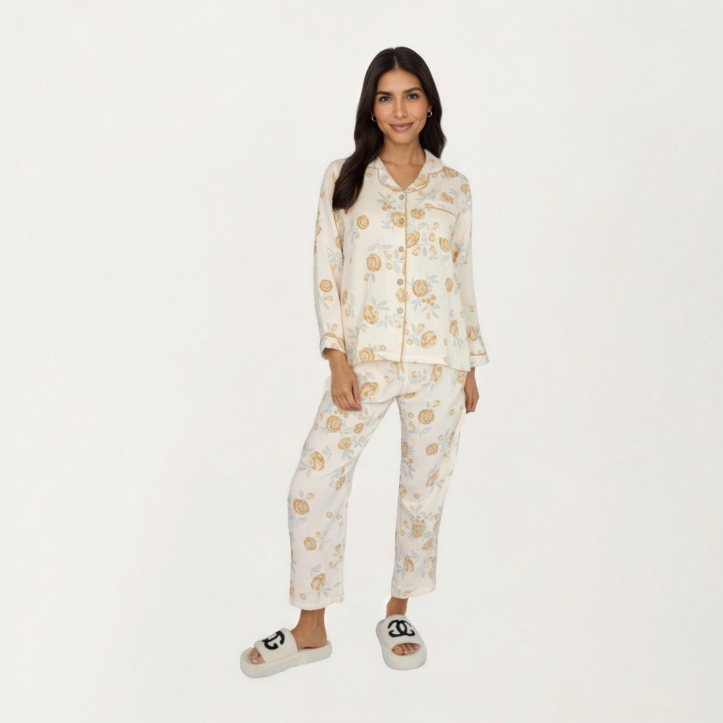 2-Piece Set Button-Up Floral Print Long Sleeve Sleep Shirt with Matching Relaxed Fit Pants