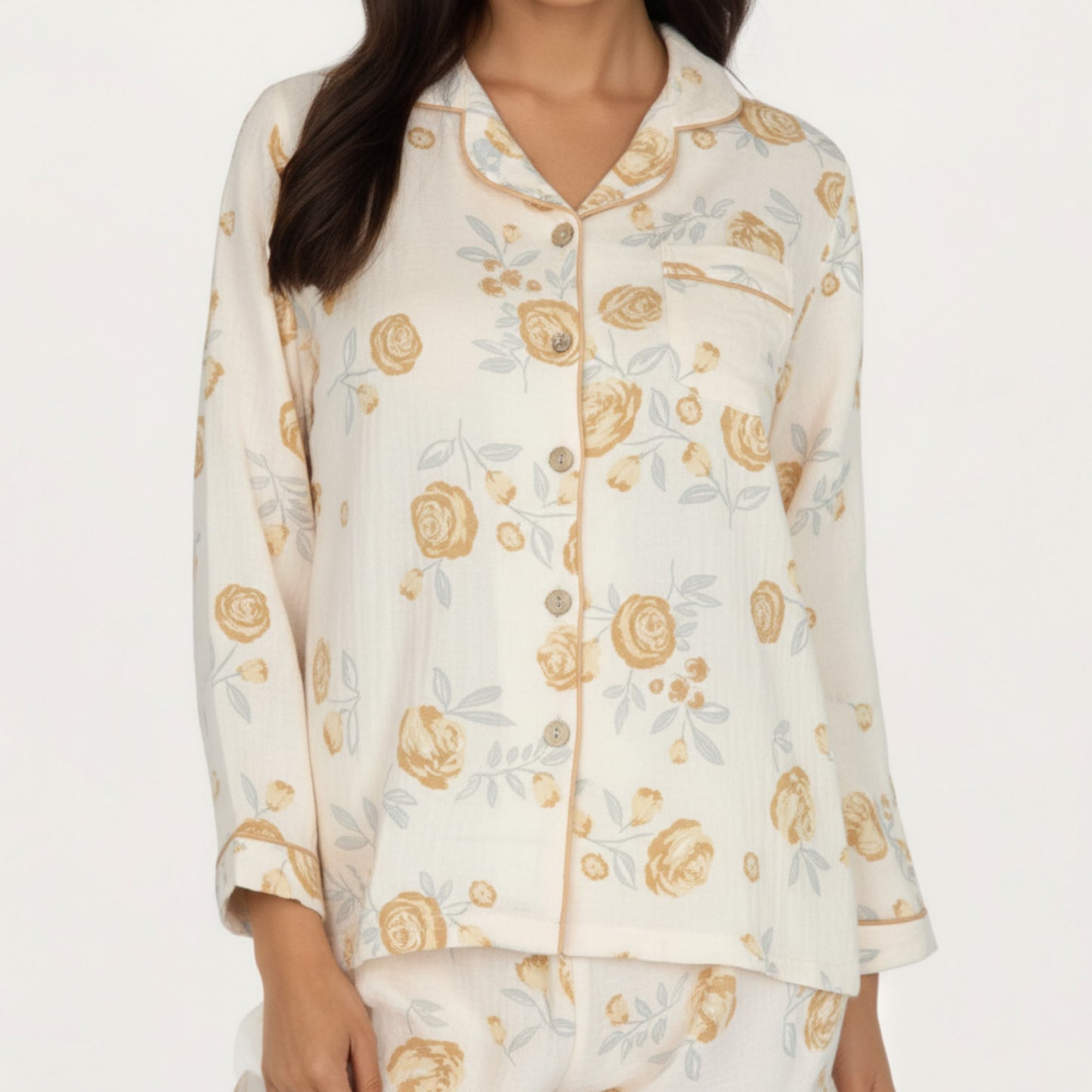 2-Piece Set Button-Up Floral Print Long Sleeve Sleep Shirt with Matching Relaxed Fit Pants