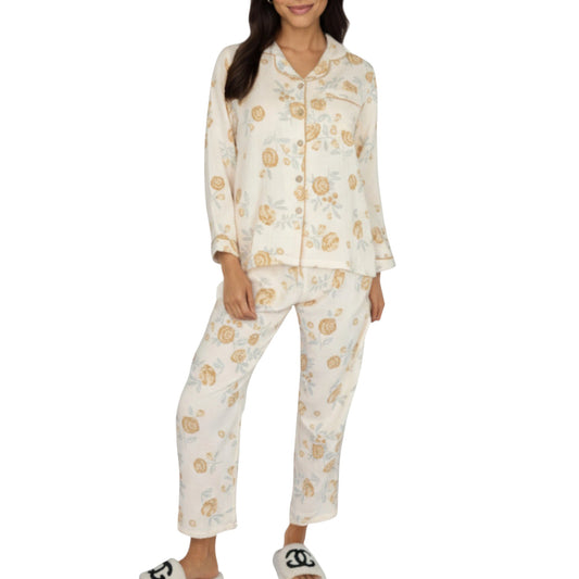 2-Piece Set Button-Up Floral Print Long Sleeve Sleep Shirt with Matching Relaxed Fit Pants