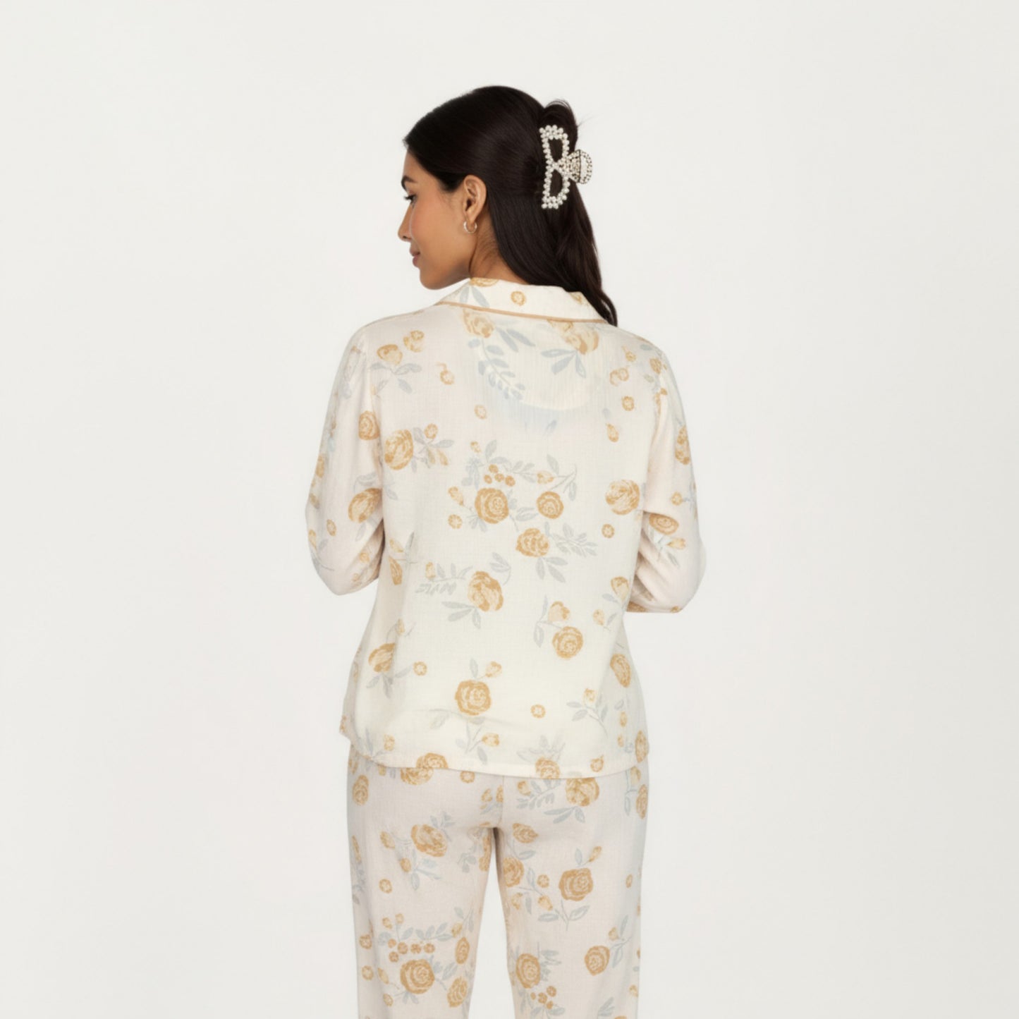 2-Piece Set Button-Up Floral Print Long Sleeve Sleep Shirt with Matching Relaxed Fit Pants