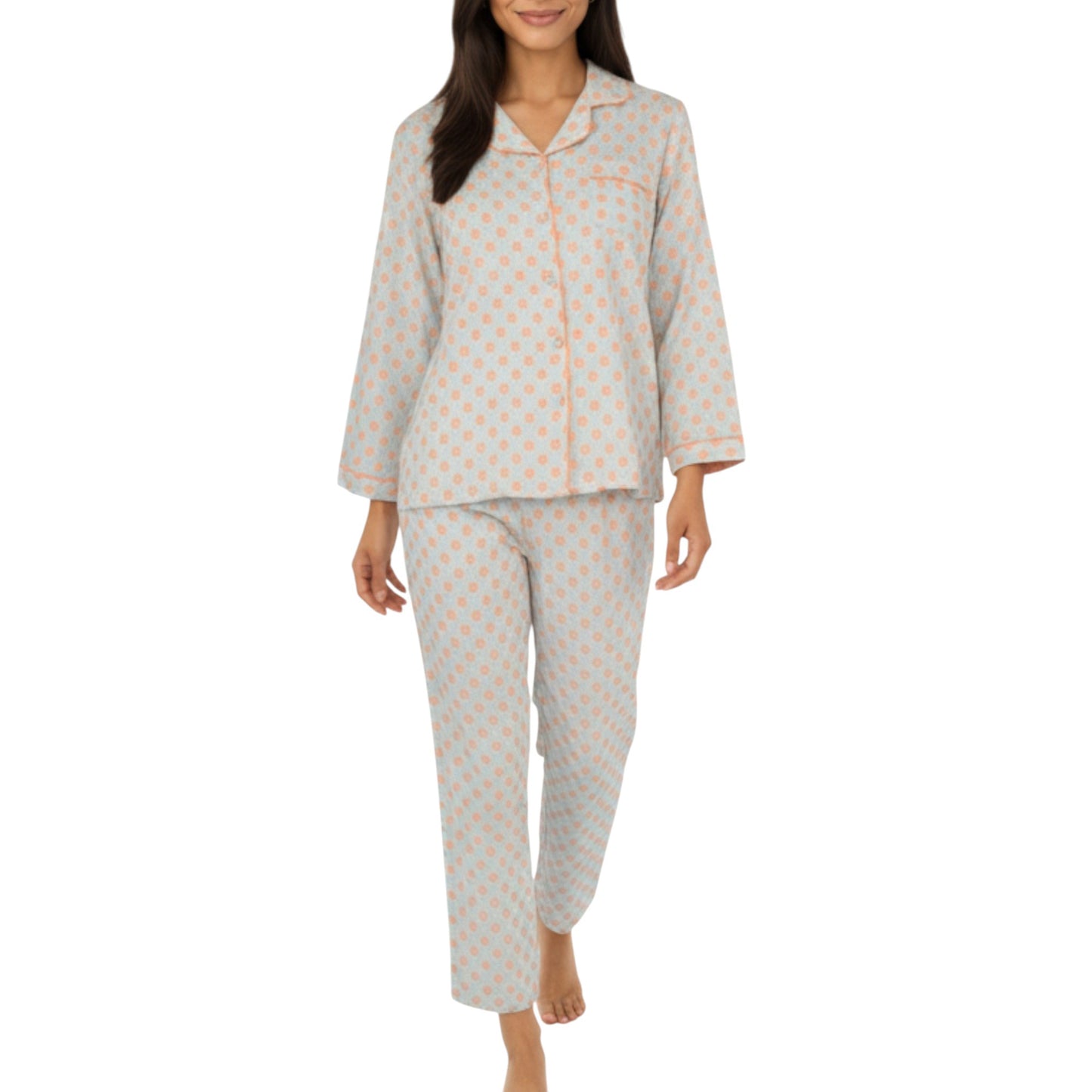 2-Piece Set Long Sleeve Button-Up Pajama Top with Matching Relaxed Fit Printed Pants