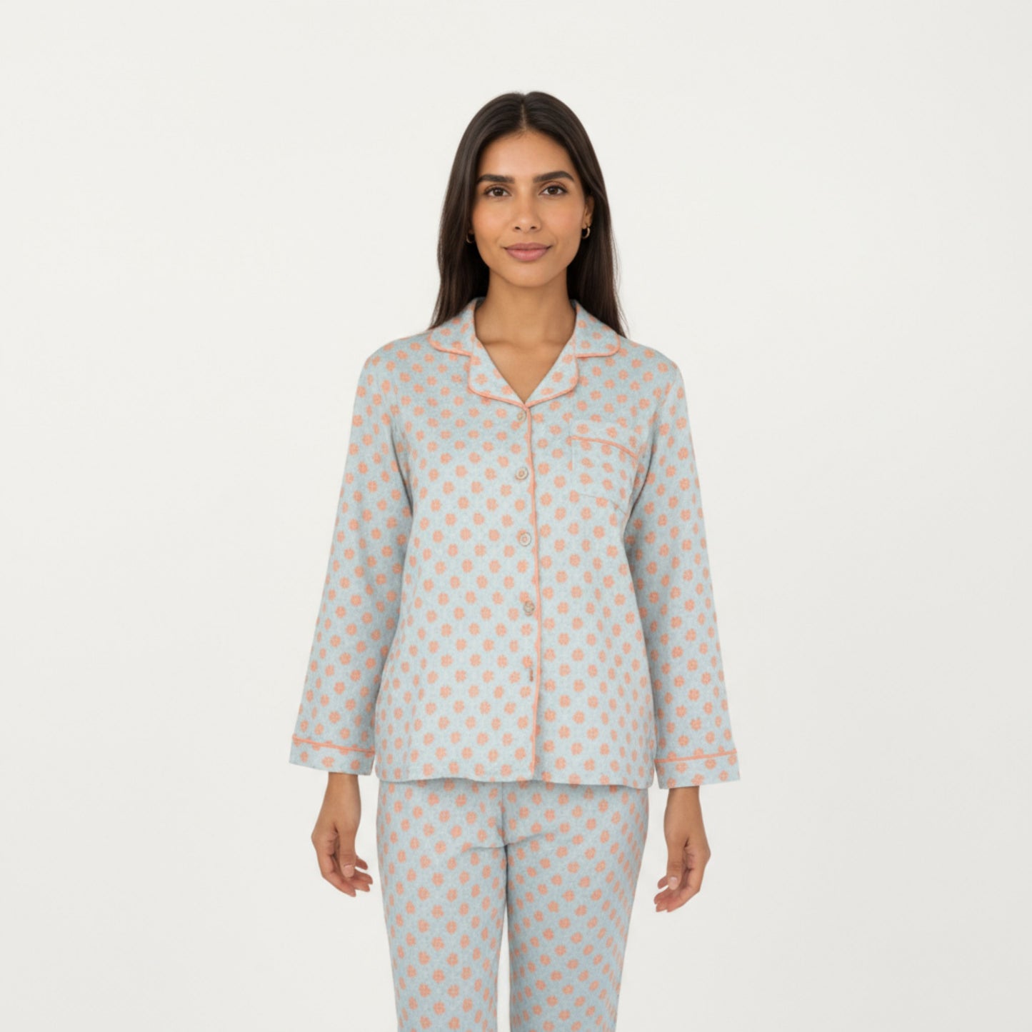 2-Piece Set Long Sleeve Button-Up Pajama Top with Matching Relaxed Fit Printed Pants