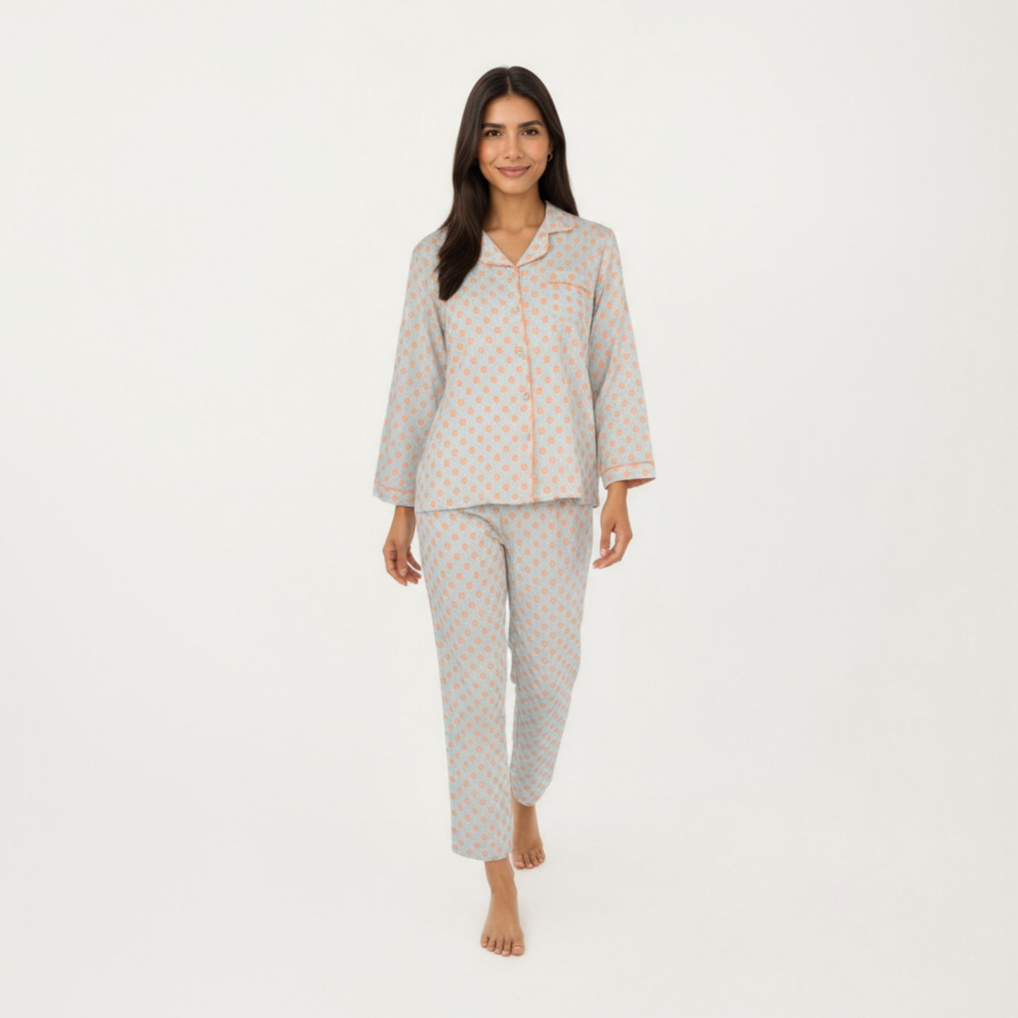 2-Piece Set Long Sleeve Button-Up Pajama Top with Matching Relaxed Fit Printed Pants