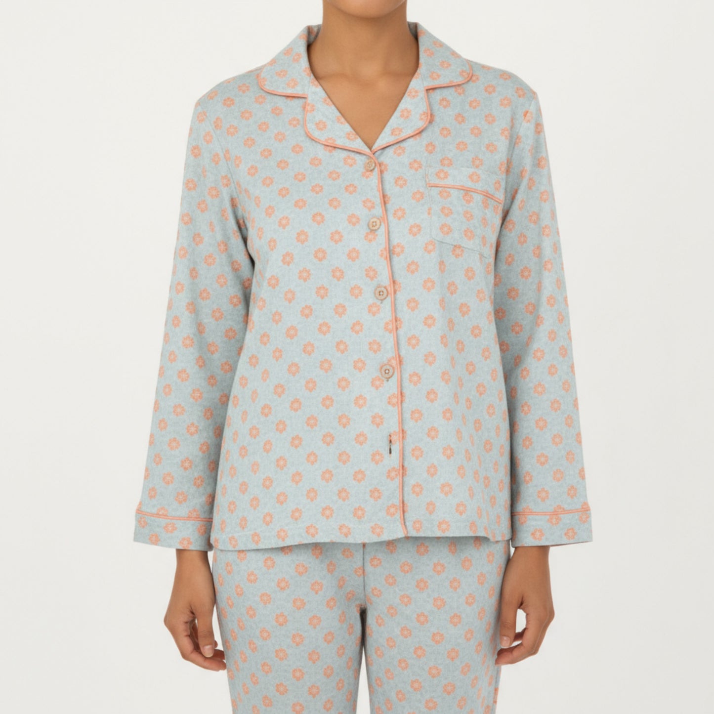 2-Piece Set Long Sleeve Button-Up Pajama Top with Matching Relaxed Fit Printed Pants