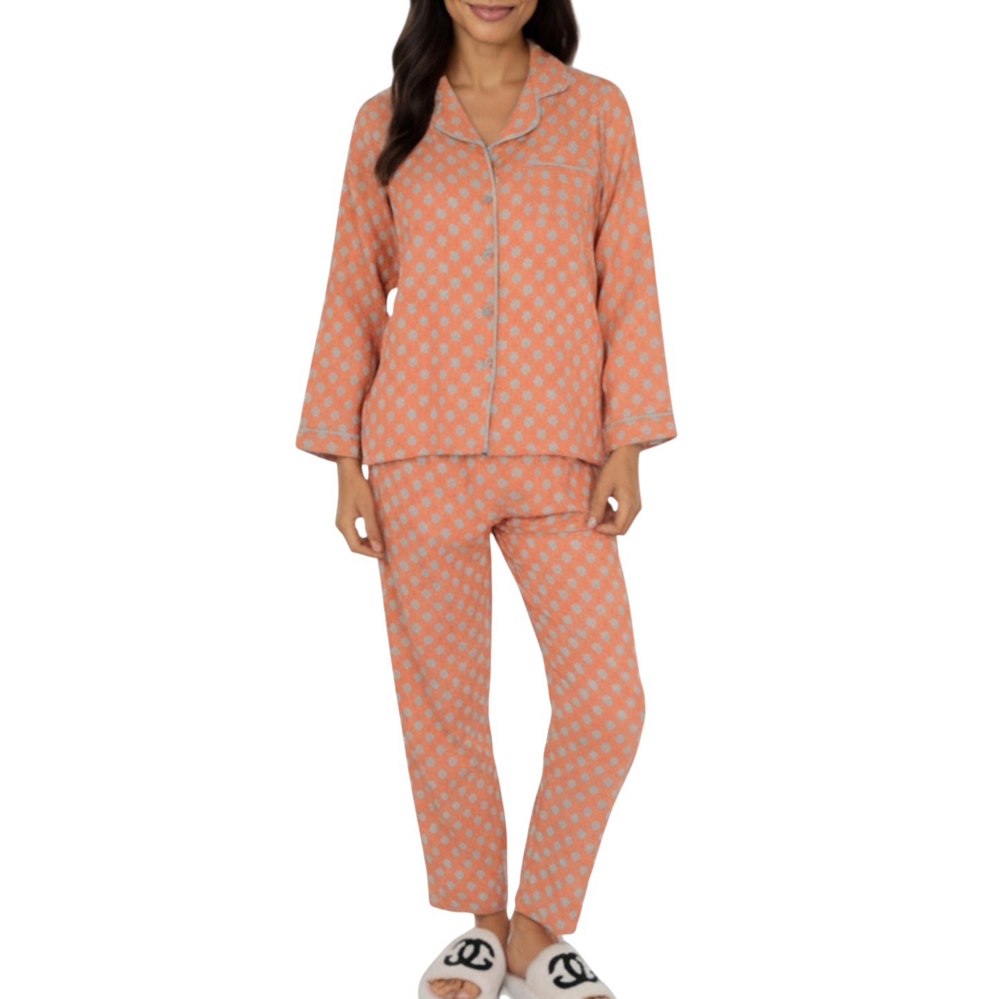 2-Piece Set Long Sleeve Button-Up Pajama Top with Matching Relaxed Fit Printed Pants