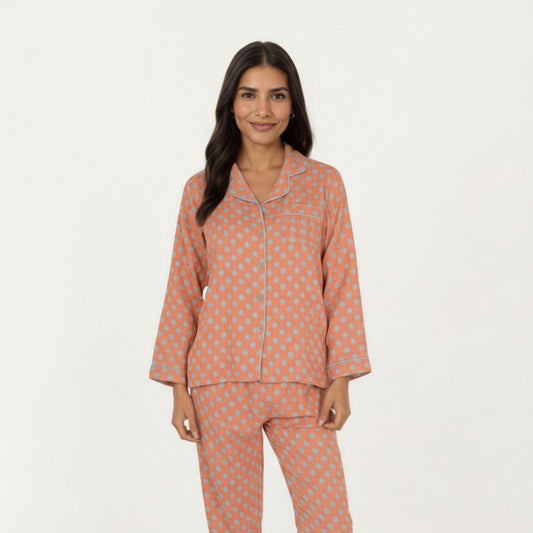 2-Piece Set Long Sleeve Button-Up Pajama Top with Matching Relaxed Fit Printed Pants