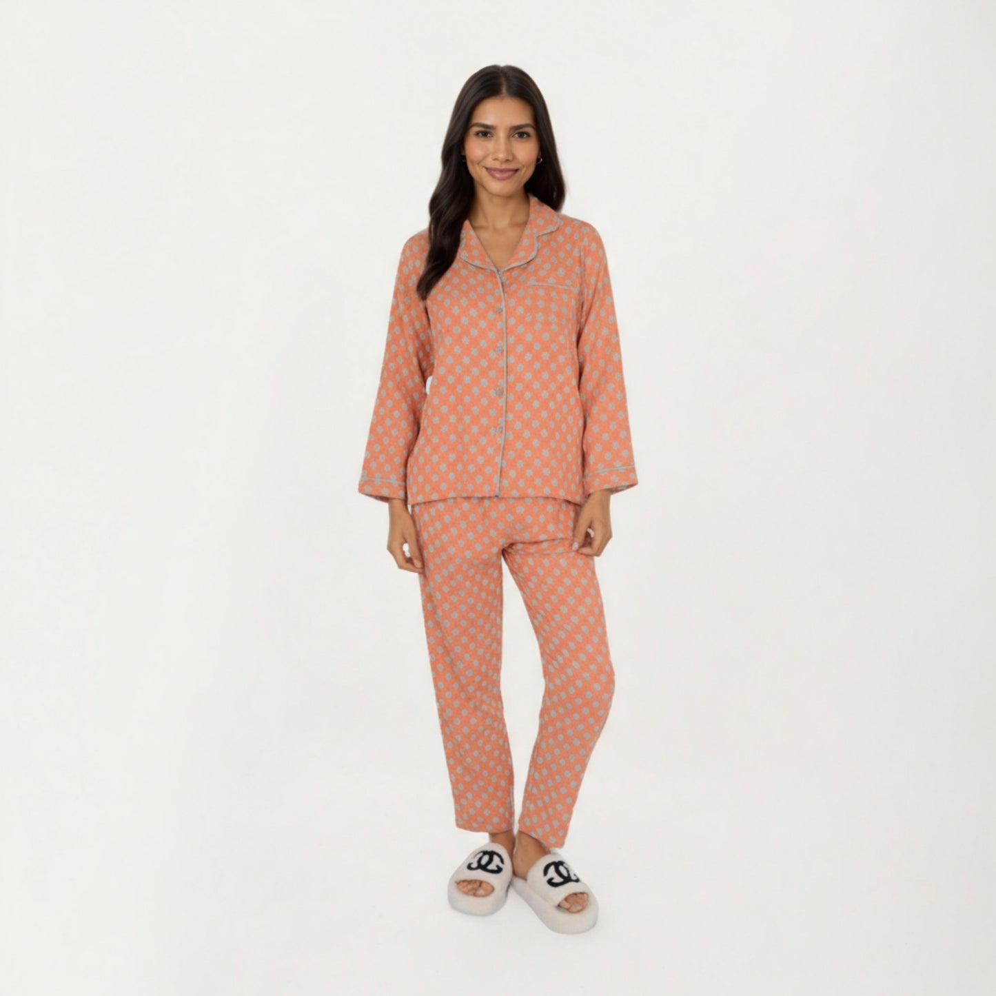 2-Piece Set Long Sleeve Button-Up Pajama Top with Matching Relaxed Fit Printed Pants
