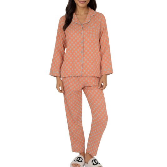 2-Piece Set Long Sleeve Button-Up Pajama Top with Matching Relaxed Fit Printed Pants