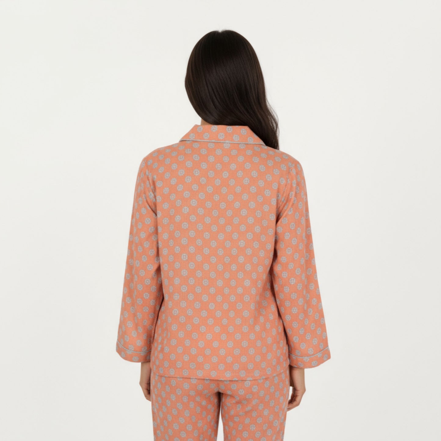2-Piece Set Long Sleeve Button-Up Pajama Top with Matching Relaxed Fit Printed Pants