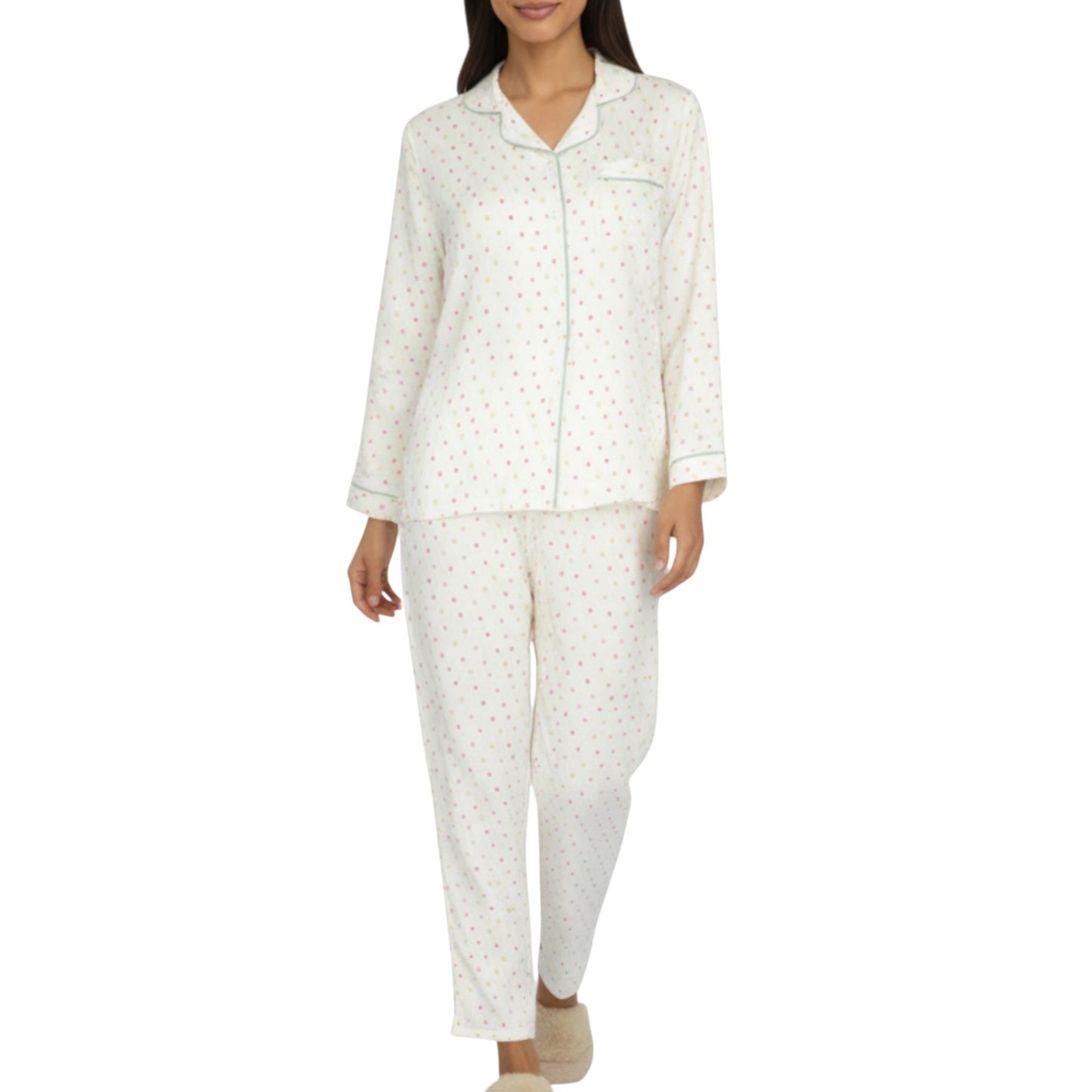 2-Piece Set Long Sleeve Button Front Pajama Top with Contrast Piping and Relaxed Fit Pants