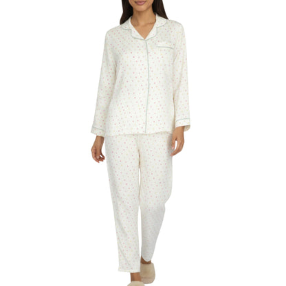 2-Piece Set Long Sleeve Button Front Pajama Top with Contrast Piping and Relaxed Fit Pants