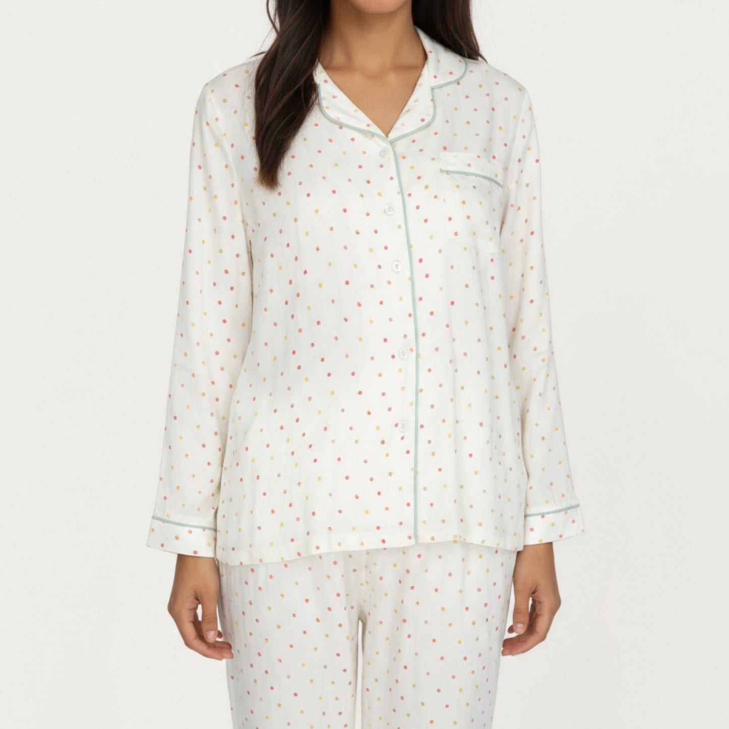 2-Piece Set Long Sleeve Button Front Pajama Top with Contrast Piping and Relaxed Fit Pants