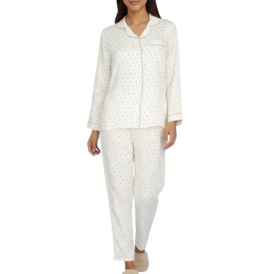 2-Piece Set Long Sleeve Button Front Pajama Top with Contrast Piping and Relaxed Fit Pants