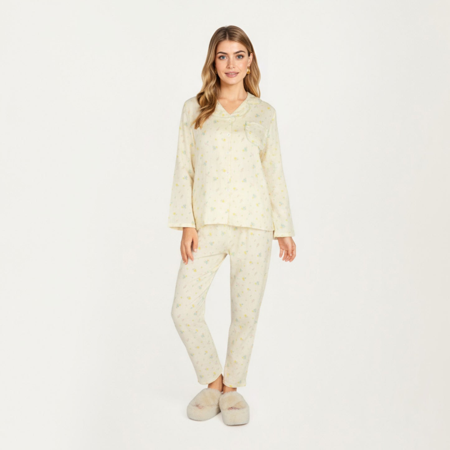2-Piece Set Button Front Pajama Top with Ruffled Collar and Relaxed Fit Pants