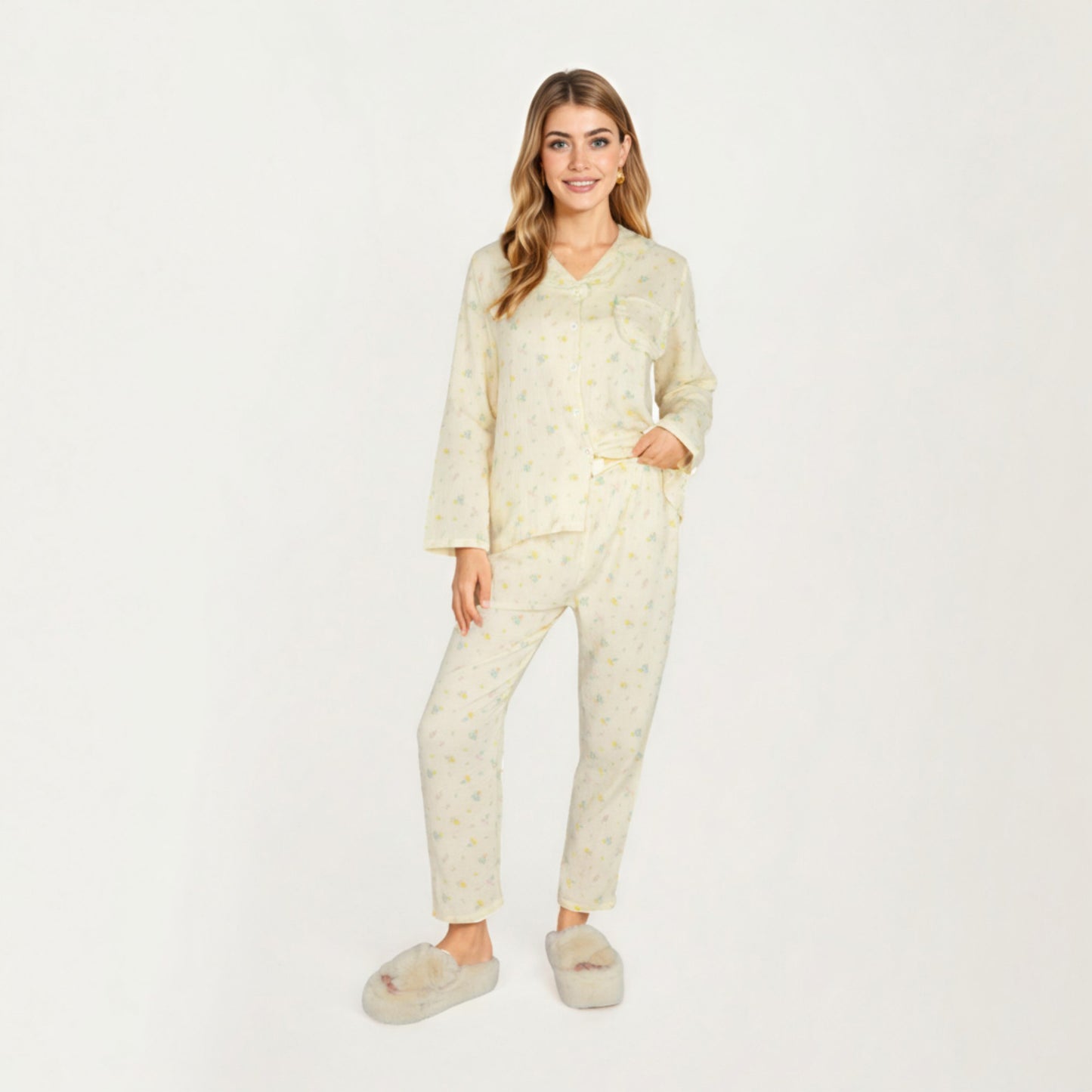 2-Piece Set Button Front Pajama Top with Ruffled Collar and Relaxed Fit Pants