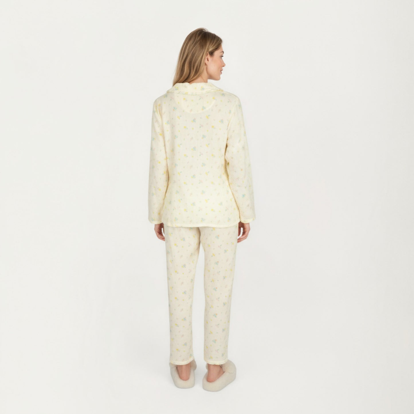 2-Piece Set Button Front Pajama Top with Ruffled Collar and Relaxed Fit Pants