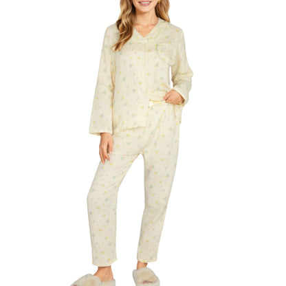 2-Piece Set Button Front Pajama Top with Ruffled Collar and Relaxed Fit Pants