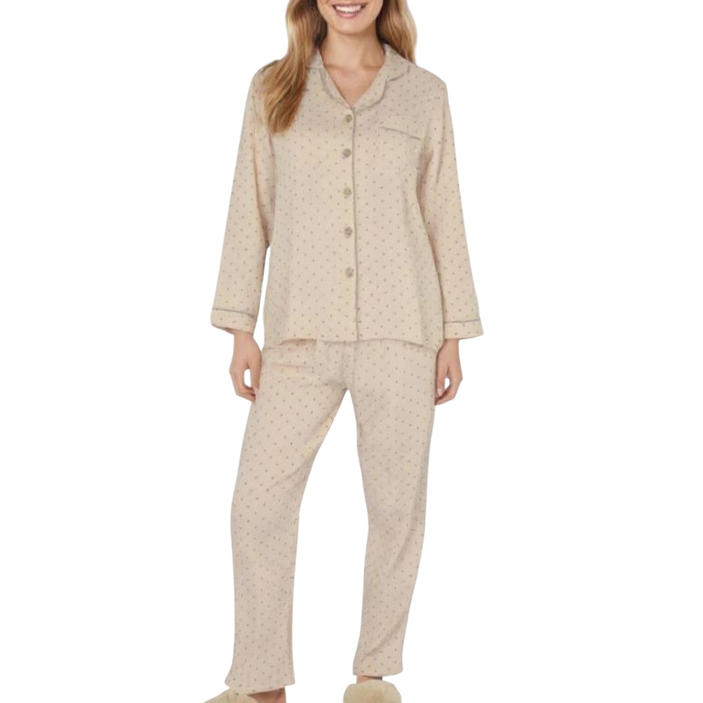 2-Piece Set Button Front Pajama Top with Contrast Piping and Relaxed Fit Pants