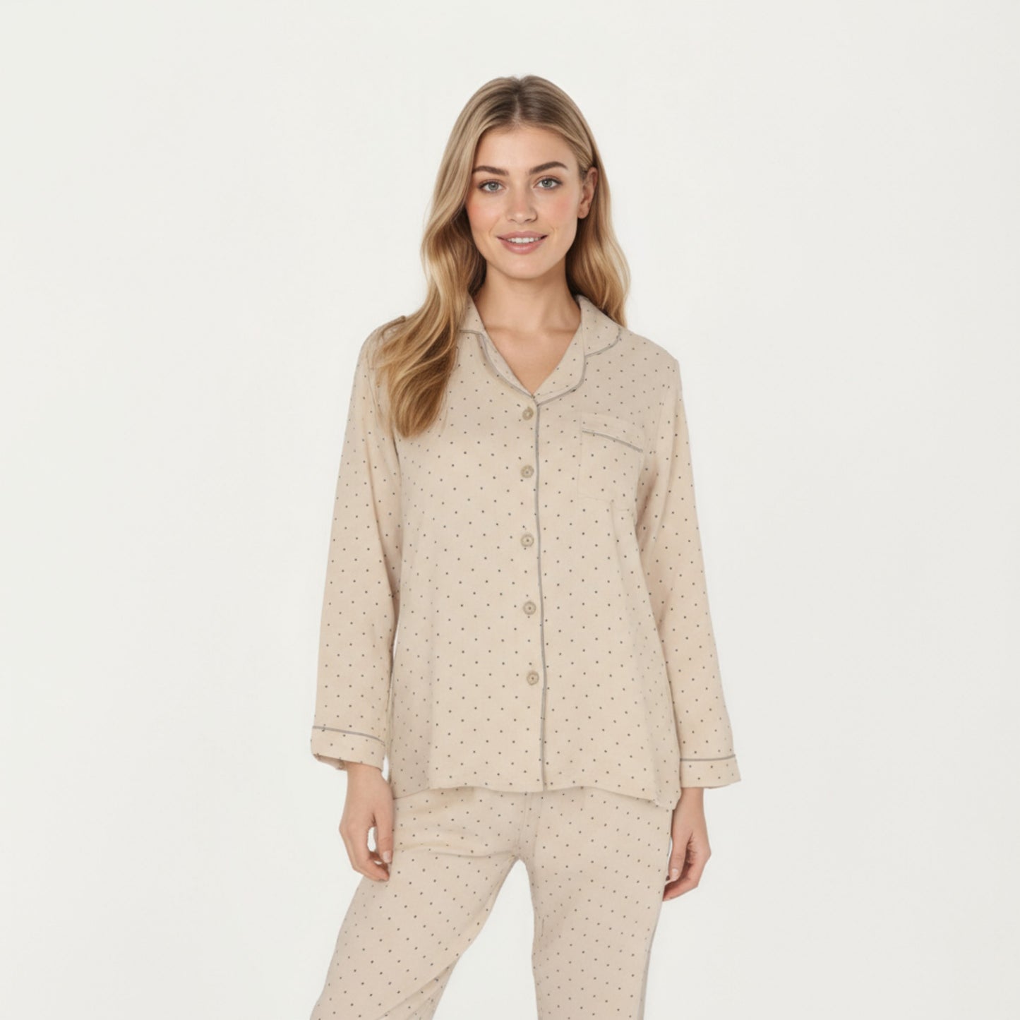 2-Piece Set Button Front Pajama Top with Contrast Piping and Relaxed Fit Pants