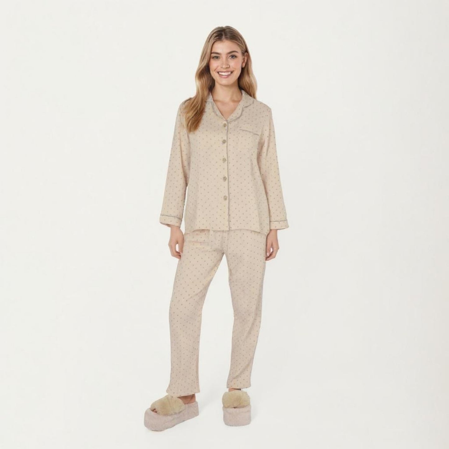 2-Piece Set Button Front Pajama Top with Contrast Piping and Relaxed Fit Pants