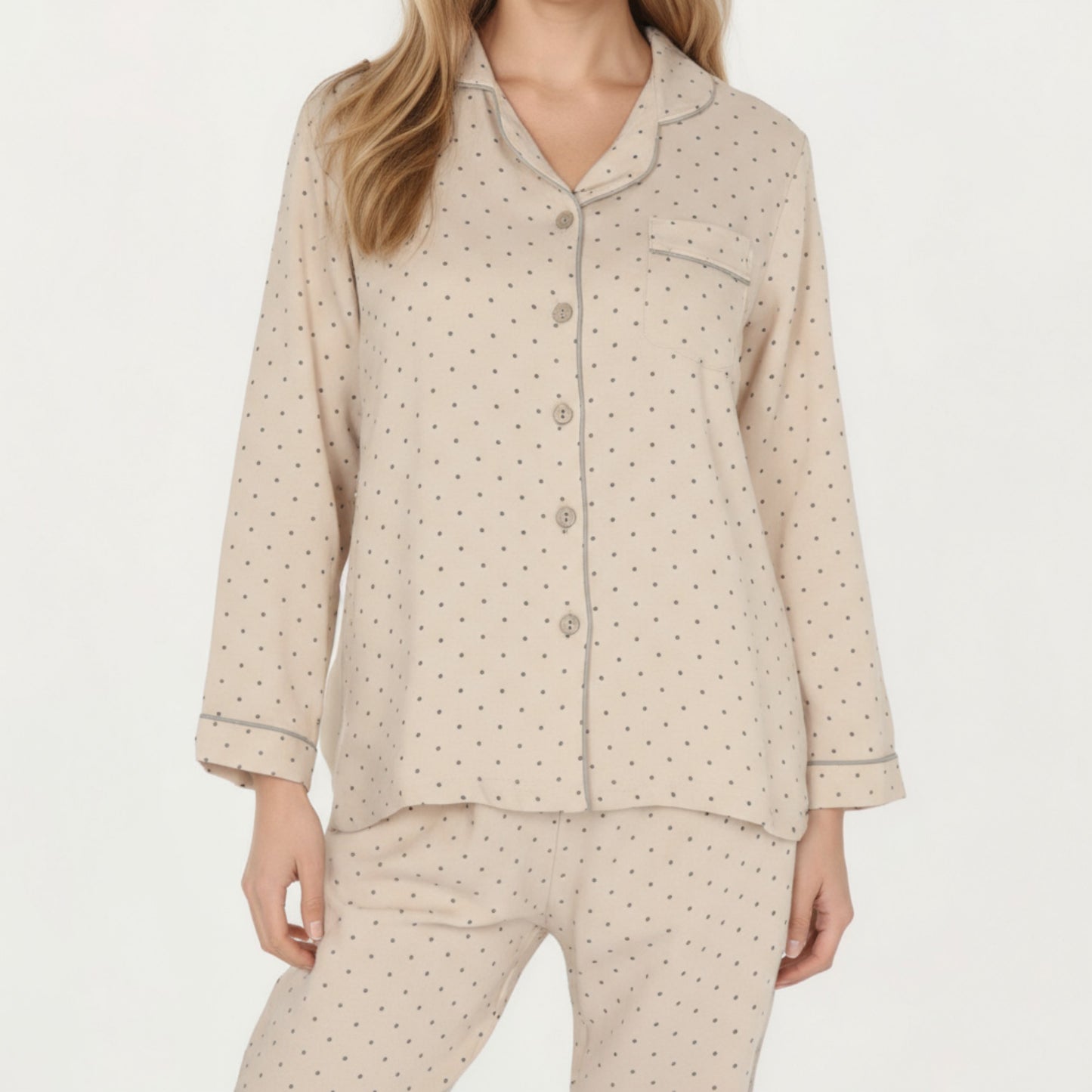 2-Piece Set Button Front Pajama Top with Contrast Piping and Relaxed Fit Pants