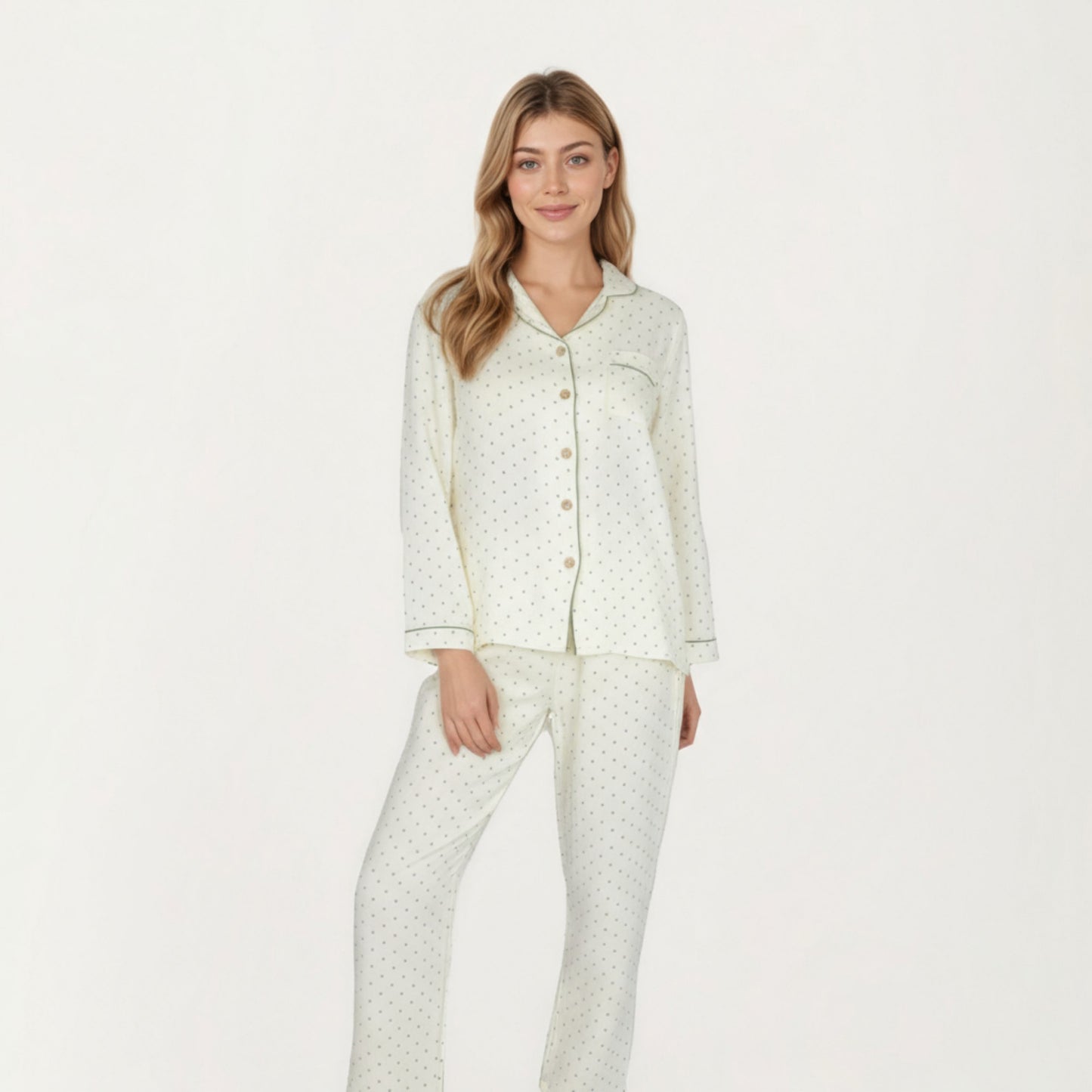 2-Piece Set Button Front Pajama Top with Contrast Piping and Relaxed Fit Pants