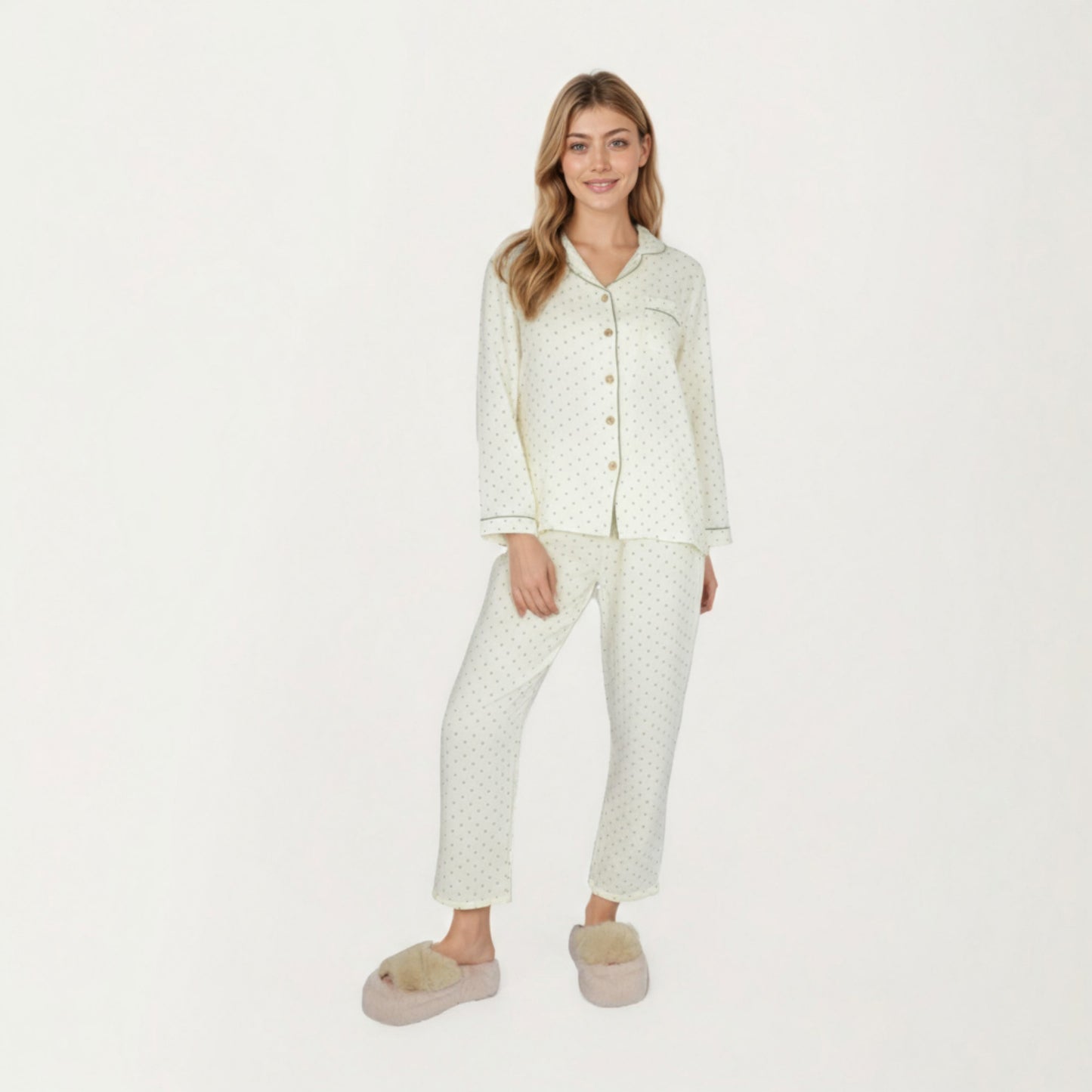 2-Piece Set Button Front Pajama Top with Contrast Piping and Relaxed Fit Pants