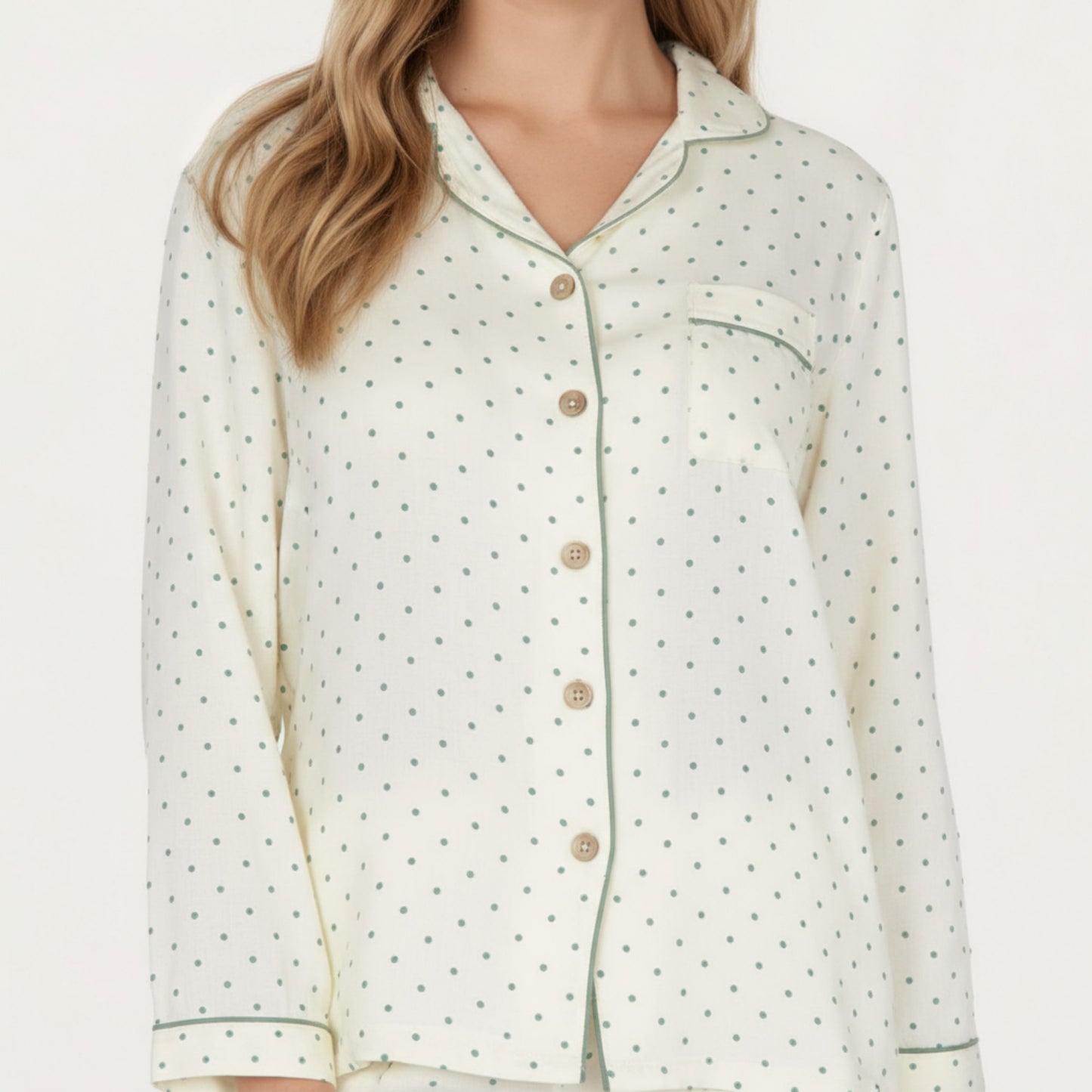 2-Piece Set Button Front Pajama Top with Contrast Piping and Relaxed Fit Pants