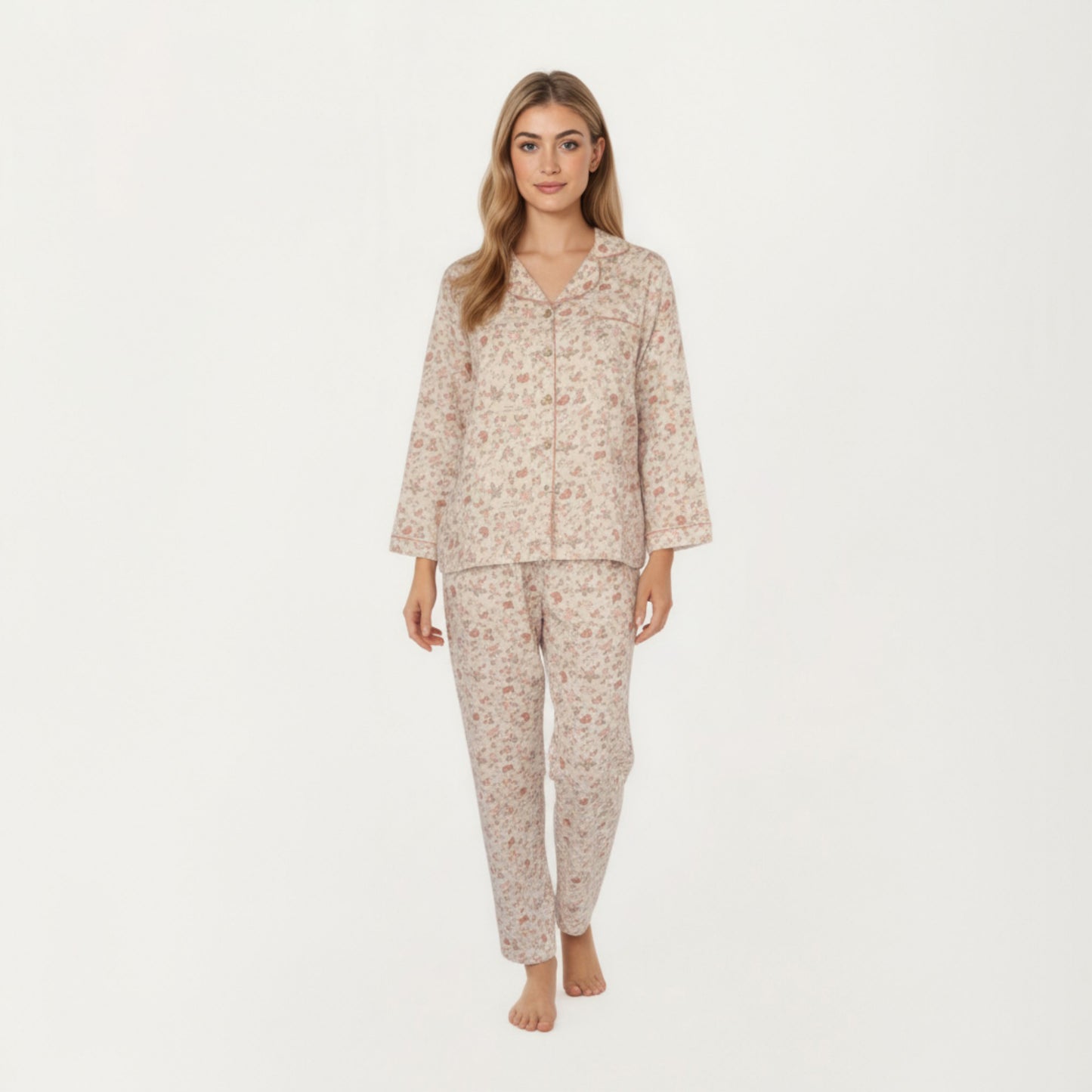 2-Piece Set Button Front Floral Print Pajama Top with Notched Collar and Relaxed Pants