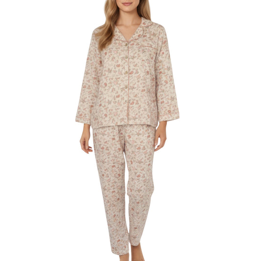 2-Piece Set Button Front Floral Print Pajama Top with Notched Collar and Relaxed Pants