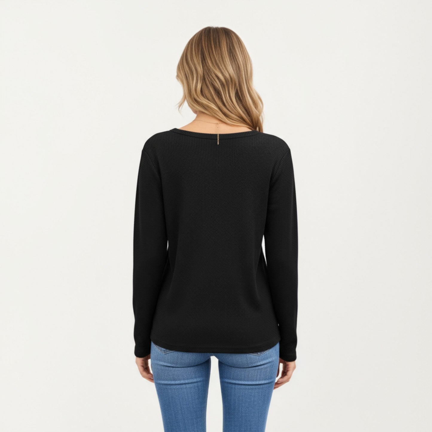 Long Sleeve Waffle Knit Top with Notch V-Neckline and Relaxed Fit