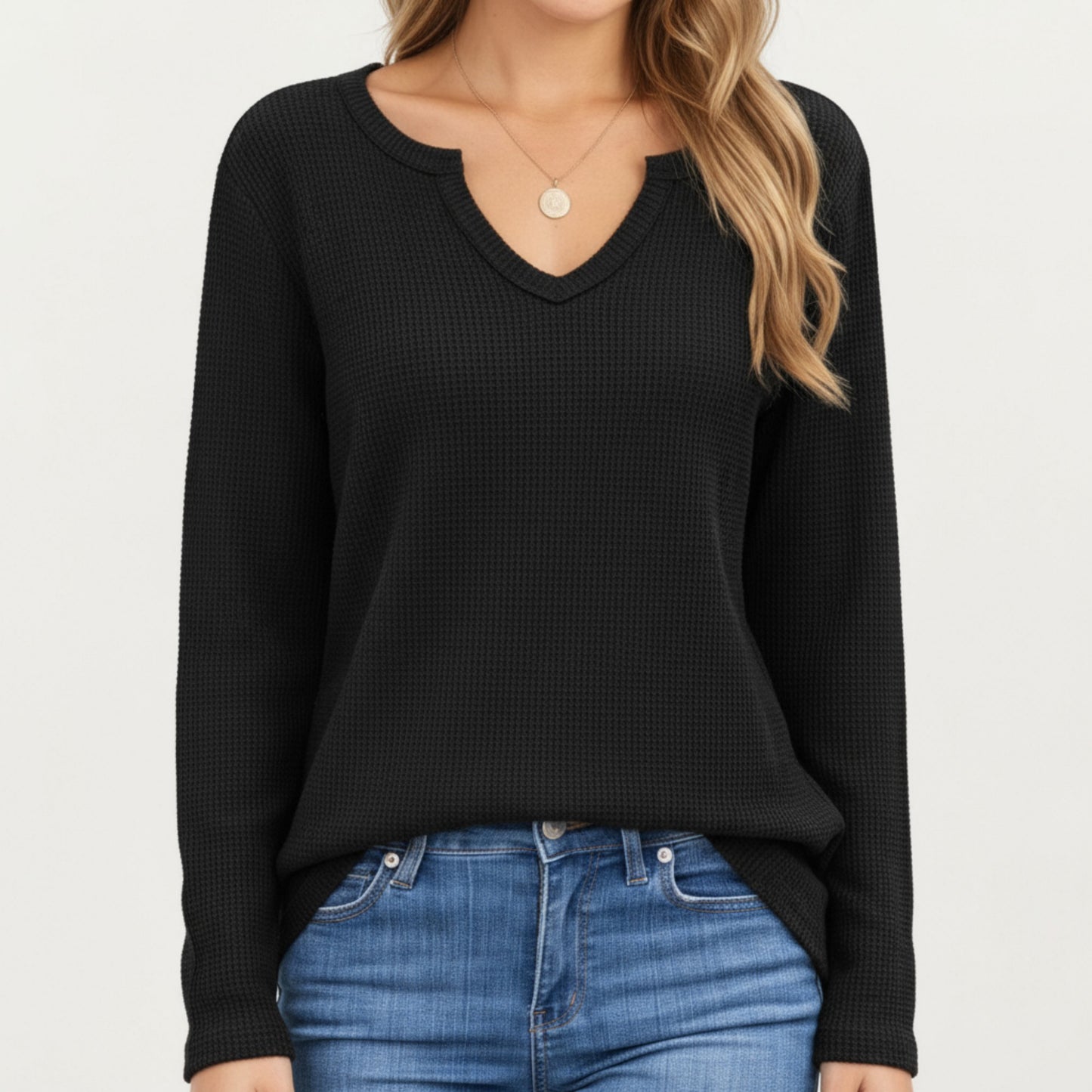 Long Sleeve Waffle Knit Top with Notch V-Neckline and Relaxed Fit
