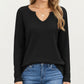 Long Sleeve Waffle Knit Top with Notch V-Neckline and Relaxed Fit