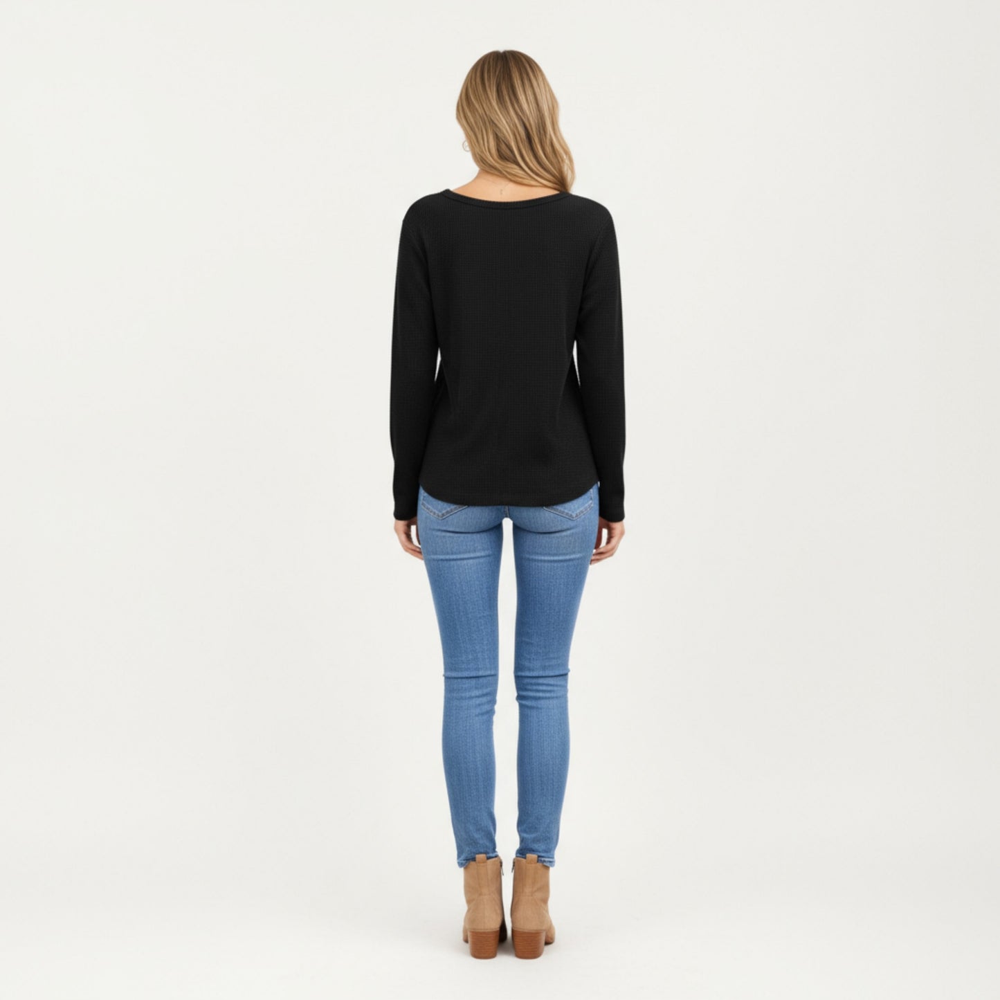 Long Sleeve Waffle Knit Top with Notch V-Neckline and Relaxed Fit