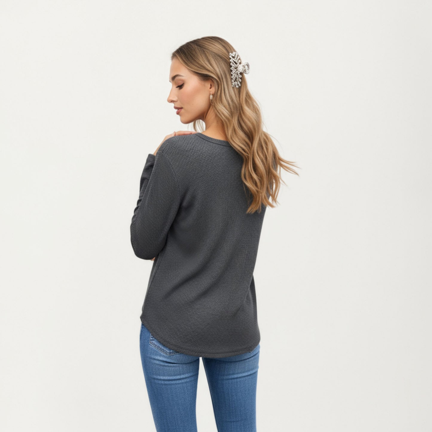 Long Sleeve Waffle Knit Top with Notch V-Neckline and Relaxed Fit