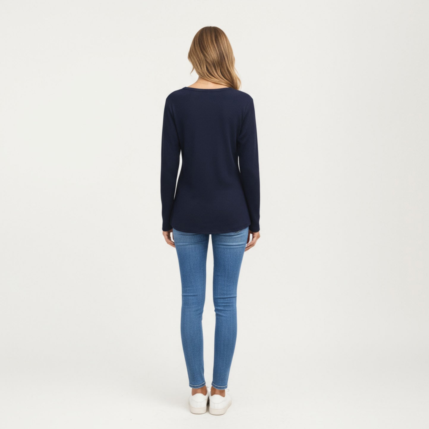 Long Sleeve Waffle Knit Top with Notch V-Neckline and Relaxed Fit