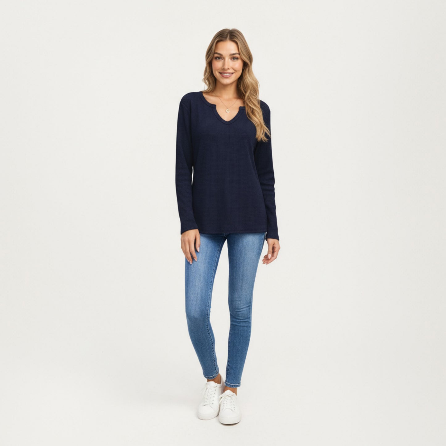 Long Sleeve Waffle Knit Top with Notch V-Neckline and Relaxed Fit