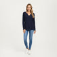 Long Sleeve Waffle Knit Top with Notch V-Neckline and Relaxed Fit