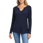 Long Sleeve Waffle Knit Top with Notch V-Neckline and Relaxed Fit