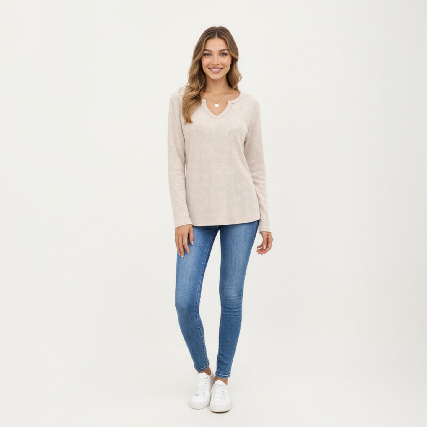 Long Sleeve Waffle Knit Top with Notch V-Neckline and Relaxed Fit