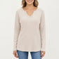 Long Sleeve Waffle Knit Top with Notch V-Neckline and Relaxed Fit