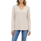 Long Sleeve Waffle Knit Top with Notch V-Neckline and Relaxed Fit