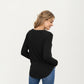 Long Sleeve V-Neck Knit Top with Curved Hem and Relaxed Fit